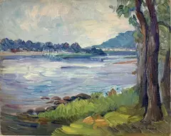 River at Washington Crossing by Della J. Barber, Oil on board, sold Mar 2024
