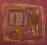 Untitled (From still life series) by Carroll Sockwell, 1975, oil pastel on red paper, sold Dec 2020