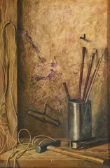 Untitled (Hammer and paint brushes) by Robert Knaus, oil on board, sold Dec 2020