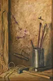 Untitled (Hammer and paint brushes) by Robert Knaus, oil on board, sold Dec 2020