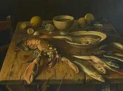 Untitled (Fish and lobster) by Robert Knaus, 1964, oil on board, sold Dec 2020