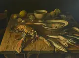 Untitled (Fish and lobster) by Robert Knaus, 1964, oil on board, sold Dec 2020