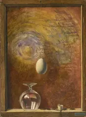 Untitled (Hanging egg) by Robert Knaus, oil on masonite float mounted to board, sold Dec 2020