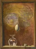 Untitled (Hanging egg) by Robert Knaus, oil on masonite float mounted to board, sold Dec 2020