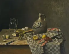 Untitled (Lobster and lemon) by Robert Knaus, oil on board, sold Dec 2020