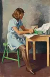 Judy, The Artist’S Daughter, Slicing Beans by Roland Wakelin, 1938, oil on canvas, sold Nov 2017