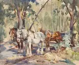 Three Draught Horses On A Forest Track by Harold Septimus Power, watercolour on paper, sold Nov 2017