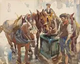 Horses Drinking At Water Trough by Harold Septimus Power, watercolour on paper, sold Nov 2017