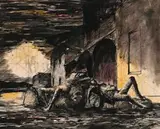 Soldiers Resting Outside Albury Station by Russell Drysdale, c.1943, ink and watercolour on paper, sold Sep 2017