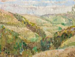 Devon – Trusham Landscape by Grace Cossington Smith, 1949, oil on canvas on board, sold Sep 2017