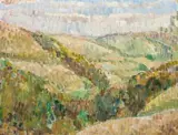 Devon – Trusham Landscape by Grace Cossington Smith, 1949, oil on canvas on board, sold Sep 2017