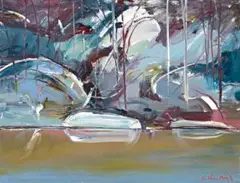 Shoalhaven Landscape by Arthur Boyd, oil on board, sold Sep 2017