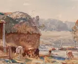 Farmyard With Haystack And Cattle by Hans Heysen, watercolour on paper, sold Sep 2017
