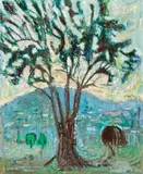 Tree And Sunset, Bally Park, Tasmania by Edith Holmes, 1967, oil on canvas on board, sold Sep 2017