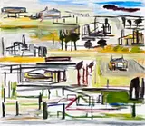 Six Houses And One Shed, 2002 – 04 by Ken Whisson, oil on linen, sold Aug 2017