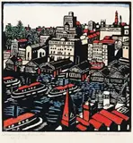 Circular Quay, Sydney by Margaret Preston, 1925, hand-coloured woodcut, sold Aug 2017