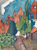 Dutch Houses by Dorrit Black, c.1929, colour linocut, sold Aug 2017