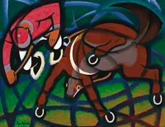 Thrown by Weaver Hawkins, 1960, oil on composition board, sold Aug 2017