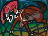 Thrown by Weaver Hawkins, 1960, oil on composition board, sold Aug 2017