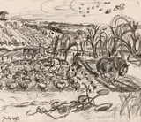 Market Garden With Plough by John Perceval, 1946, pencil on paper, sold Aug 2017