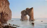 Coastal Scene With Cliffs, Rowboats And Arched Rock by Walter Isaac Jenner, 1894, oil on board, sold Aug 2017
