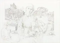 Madonna And Child Against Landscape by Justin O’brien, 1974, sepia ink and pencil on paper, sold May 2017