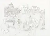 Madonna And Child Against Landscape by Justin O’brien, 1974, sepia ink and pencil on paper, sold May 2017
