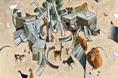 Birkdale Farm Construction With Willy Wagtail, 1983 – by William Robinson, 1984, oil on canvas, sold Apr 2017