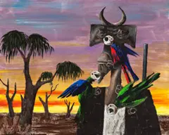 Intruder And Parrots by Albert Tucker, 1964 – 68, synthetic polymer paint on composition board, sold Mar 2017