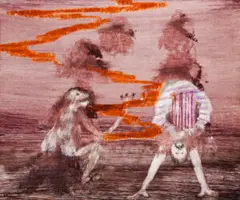 Monkey And Acrobat by Sidney Nolan, 1967, wax crayon and fabric dye on paper, sold Mar 2017