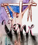Italian Crucifix – Verve by Sidney Nolan, 1956, wax crayon and fabric dye on paper, sold Mar 2017