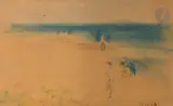 Plage animée by Edmond Heuzé, Pastel signé en bas à droite, sold Apr 2025