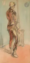 Personnage debout près d’un poêle by Ossip Lubitch, Fusain et aquarelle sur papier, sold Apr 2025