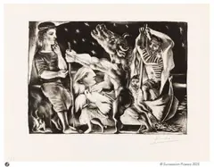 Minotaure aveugle guidé par une fillette dans la nuit. (Suite Vollard, pl. 97). Décembre 1934 by Pablo Picasso, Aquatinte, grattoir, pointe sèche et burin, sold Apr 2025