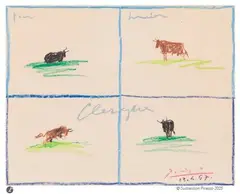 Quatre taureaux dans le campo by Pablo Picasso, 1957, Pastel gras, sold Apr 2025