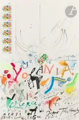 Merci super Yolanda pour le magnifique taureau… by Jean Tinguely, 1989, Acrylique, feutre, collage et timbres sur papier, sold Apr 2025