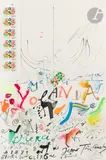 Merci super Yolanda pour le magnifique taureau… by Jean Tinguely, 1989, Acrylique, feutre, collage et timbres sur papier, sold Apr 2025