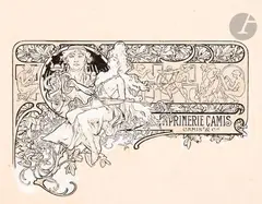 Charmante petite vignette originale pour l’imprimeur Camis by Alphonse Mucha, Encre sur carte à gratter et rehauts de gouache contrecollée sur carton, sold Apr 2025