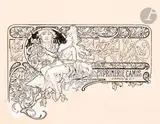 Charmante petite vignette originale pour l’imprimeur Camis by Alphonse Mucha, Encre sur carte à gratter et rehauts de gouache contrecollée sur carton, sold Apr 2025