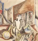 Au café by Ossip Zadkine, Aquarelle et gouache sur papier, sold Apr 2023