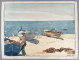 Pêcheurs s'affairant à leurs barques by Tony Minartz, Aquarelle, sold Apr 2023