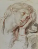 Tête de jeune fille appuyée sur sa main by Jean-Baptiste Greuze, Sanguine et pierre noire sur lavis brun (Collé sur un montage ancien, petites taches, peti, sold Apr 2023
