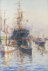 Bateaux à quai « Dans le vieux port by Gilbert Galland, Aquarelle, sold Feb 2023