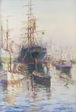 Bateaux à quai « Dans le vieux port by Gilbert Galland, Aquarelle, sold Feb 2023