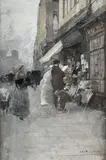 Le marchand d'estampes sur les quais, près de Notre-Dame de Paris by Luigi Loir, Gouache, sold Feb 2023