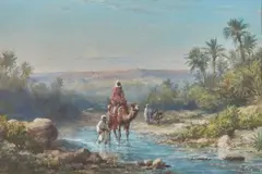 Personnages et chameau dans l'oasis by Paul Pascal, 1883, Gouache, sold Dec 2022