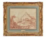 Un moulin à eau avec une figure sur le pont et un chien se dressant sur la rive by Hubert Robert, Sanguine (Petites taches, légèrement insolé, sold Dec 2022