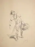Guerrier tenant des têtes by Gustave Doré, Crayon noir, sold Nov 2022