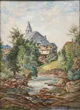 Chaumière et pêcheur au bord de la rivière by Mathis Picard, Aquarelle, sold Dec 2020