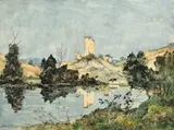 Paysage à la tour by Henri Harpignies, Aquarelle signée en bas à gauche, sold Oct 2020